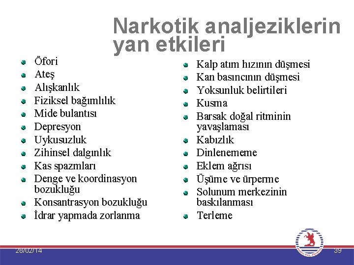 Narkotik analjeziklerin yan etkileri Öfori Ateş Alışkanlık Fiziksel bağımlılık Mide bulantısı Depresyon Uykusuzluk Zihinsel