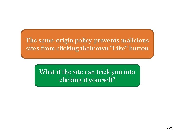 The same-origin policy prevents malicious sites from clicking their own “Like” button What if