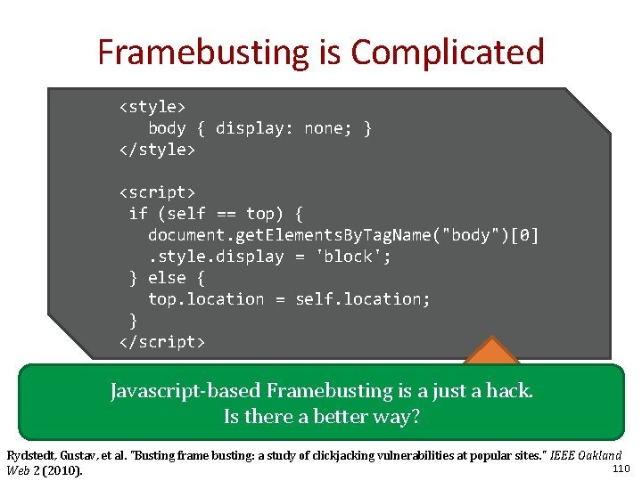 Framebusting is Complicated <style> body { display: none; } </style> <script> if (self ==
