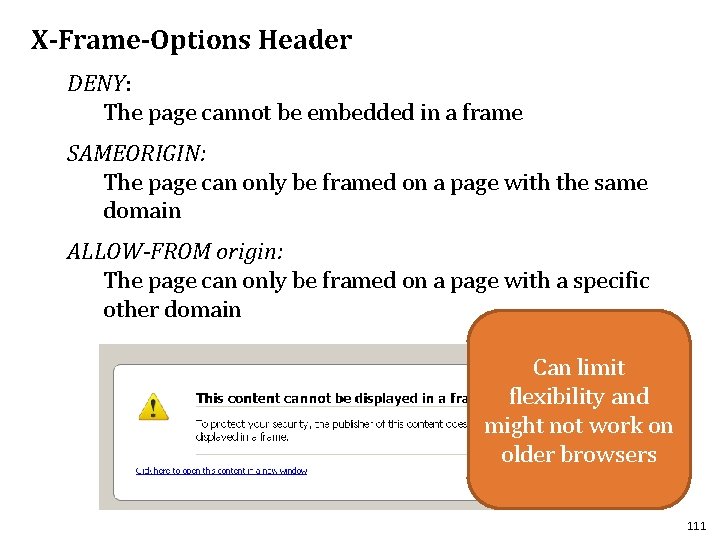 X-Frame-Options Header DENY: The page cannot be embedded in a frame SAMEORIGIN: The page
