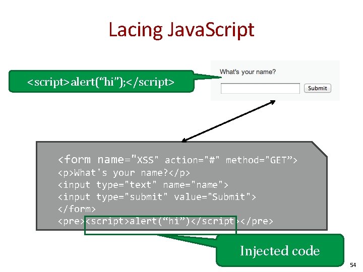 Lacing Java. Script <script>alert(“hi”); </script> <form name="XSS" action="#" method="GET”> <p>What's your name? </p> <input