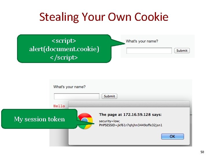 Stealing Your Own Cookie <script> alert(document. cookie) </script> My session token 58 