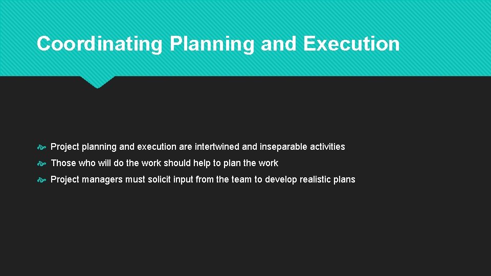 Coordinating Planning and Execution Project planning and execution are intertwined and inseparable activities Those