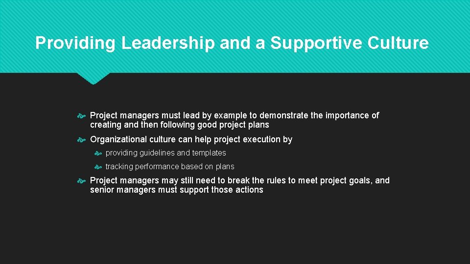 Providing Leadership and a Supportive Culture Project managers must lead by example to demonstrate