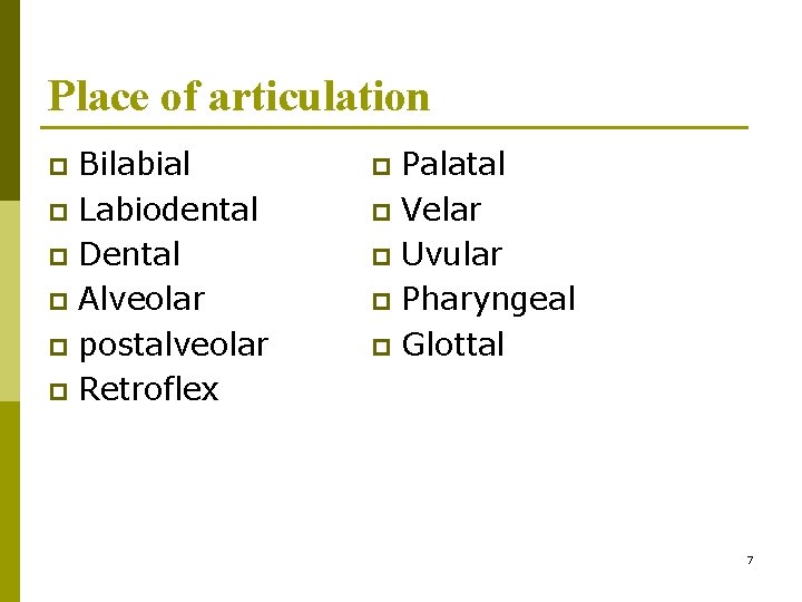 Place of articulation Bilabial p Labiodental p Dental p Alveolar p postalveolar p Retroflex