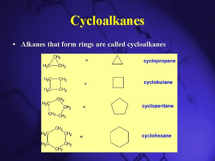 Cycloalkanes • Alkanes that form rings are called cycloalkanes 