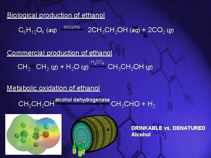 Biological production of ethanol C 6 H 12 O 6 (aq) enzyme 2 CH