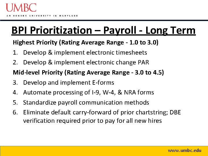 BPI Prioritization – Payroll - Long Term Highest Priority (Rating Average Range - 1.