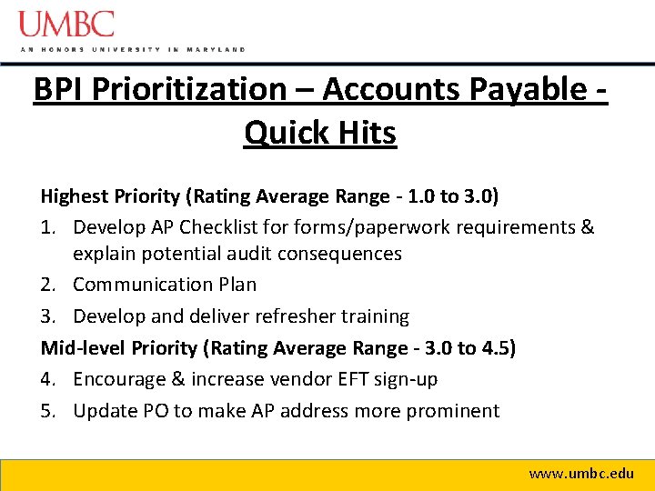 BPI Prioritization – Accounts Payable Quick Hits Highest Priority (Rating Average Range - 1.
