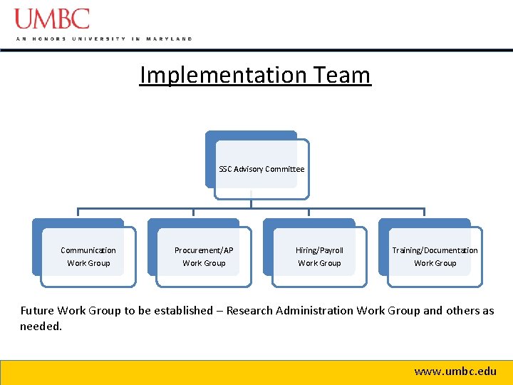 Implementation Team SSC Advisory Committee Communication Work Group Procurement/AP Work Group Hiring/Payroll Work Group