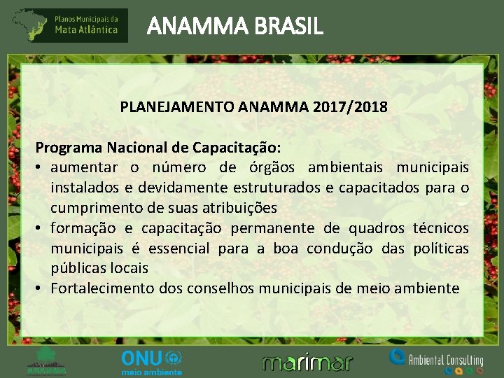 ANAMMA BRASIL PLANEJAMENTO ANAMMA 2017/2018 Programa Nacional de Capacitação: • aumentar o número de