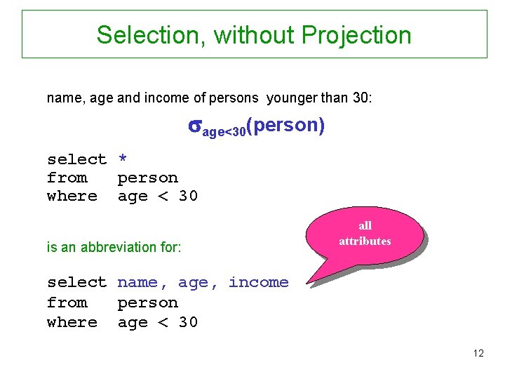 Selection, without Projection name, age and income of persons younger than 30: age<30(person) select