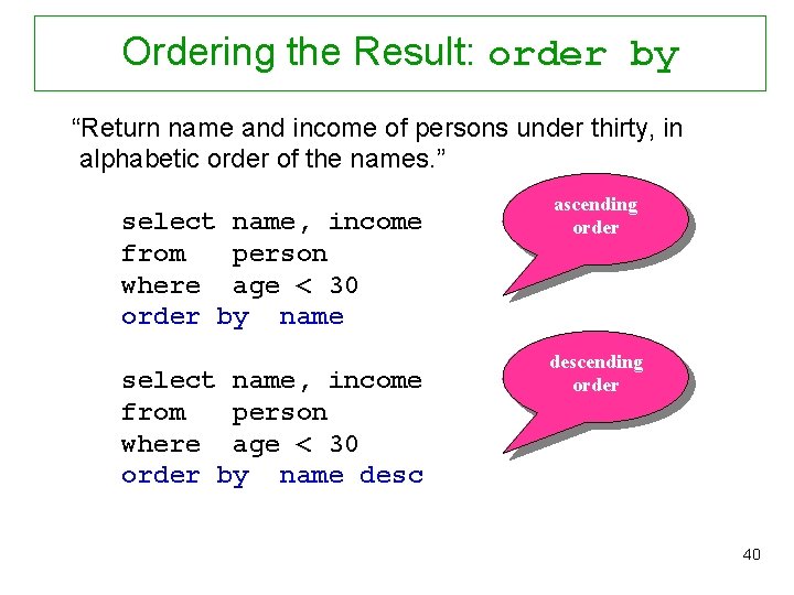 Ordering the Result: order by “Return name and income of persons under thirty, in