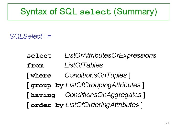Syntax of SQL select (Summary) SQLSelect : : = select List. Of. Attributes. Or.