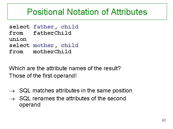 Positional Notation of Attributes select from union select from father, child father. Child mother,