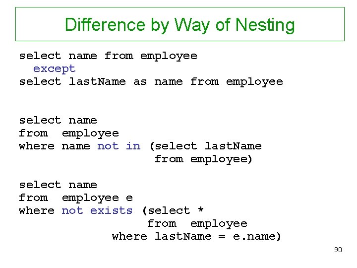 Difference by Way of Nesting select name from employee except select last. Name as