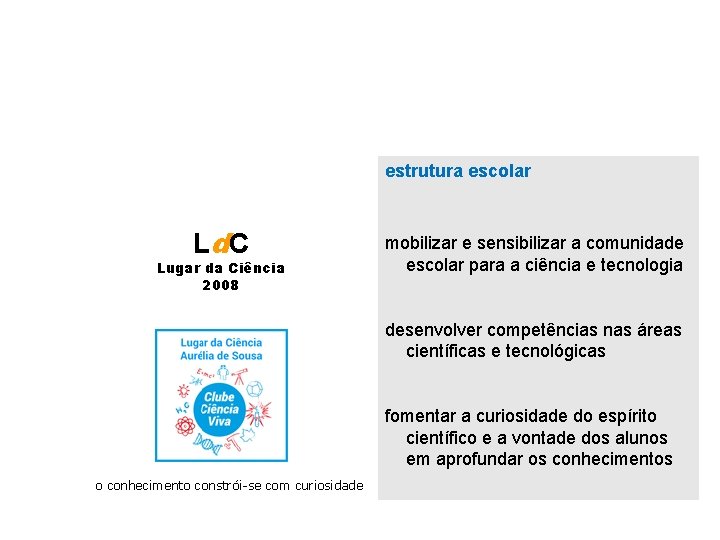 estrutura escolar Ld. C Lugar da Ciência 2008 mobilizar e sensibilizar a comunidade escolar