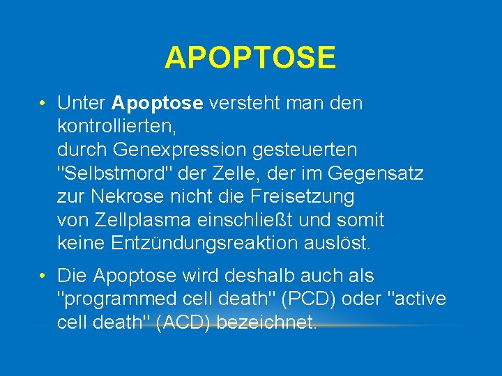APOPTOSE • Unter Apoptose versteht man den kontrollierten, durch Genexpression gesteuerten "Selbstmord" der Zelle,