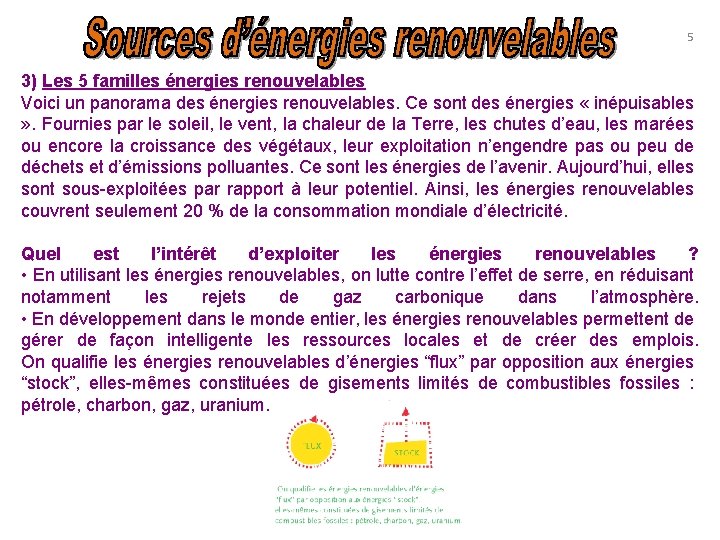 5 3) Les 5 familles énergies renouvelables Voici un panorama des énergies renouvelables. Ce