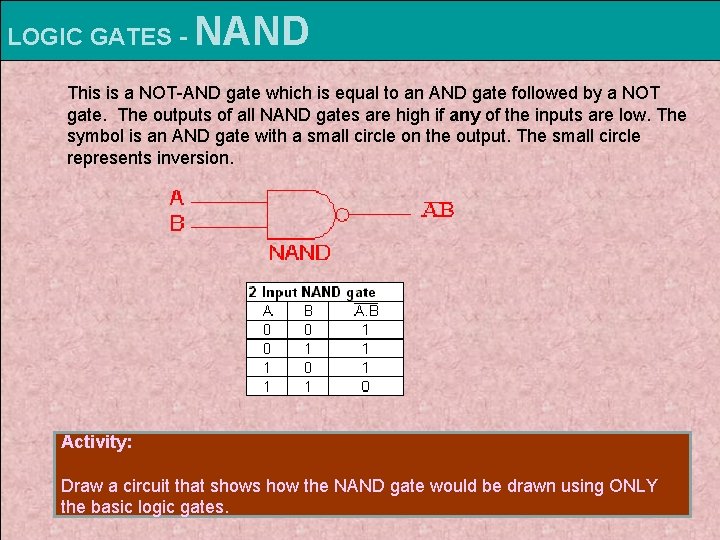 LOGIC GATES - NAND This is a NOT-AND gate which is equal to an