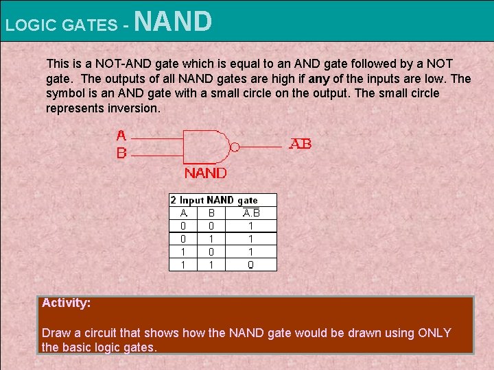 LOGIC GATES - NAND This is a NOT-AND gate which is equal to an LOGIC GATES - NAND This is a NOT-AND gate which is equal to an