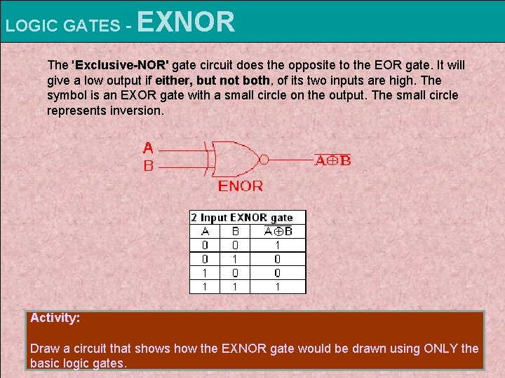 LOGIC GATES - EXNOR The 'Exclusive-NOR' gate circuit does the opposite to the EOR LOGIC GATES - EXNOR The 'Exclusive-NOR' gate circuit does the opposite to the EOR