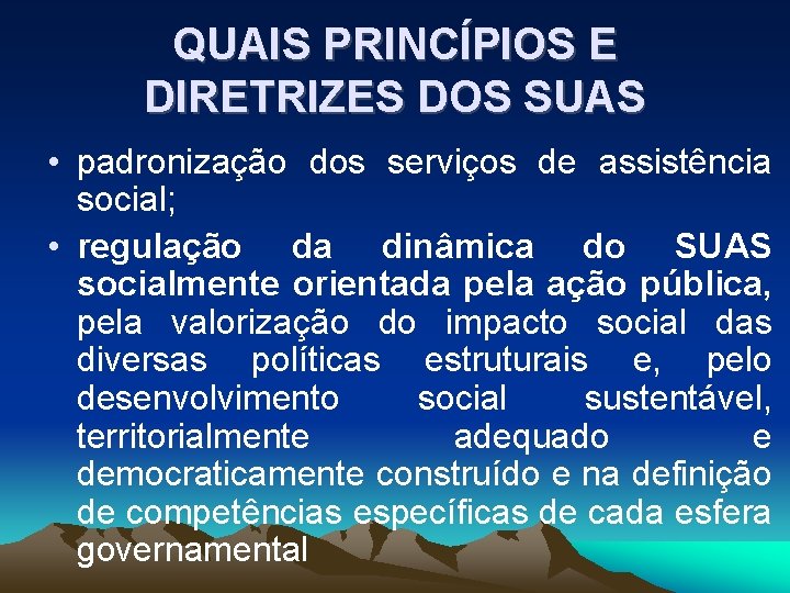 QUAIS PRINCÍPIOS E DIRETRIZES DOS SUAS • padronização dos serviços de assistência social; •