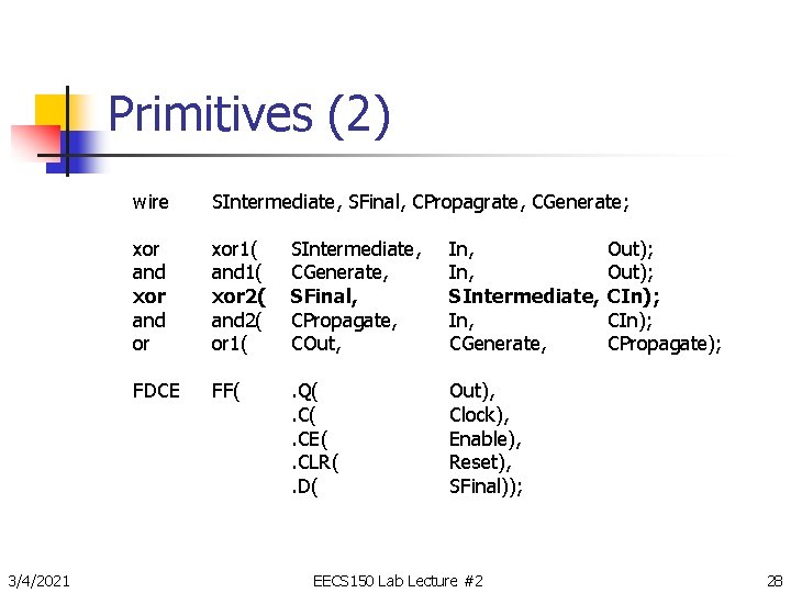 Primitives (2) 3/4/2021 wire SIntermediate, SFinal, CPropagrate, CGenerate; xor and or xor 1( and