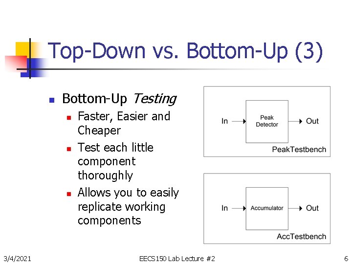 Top-Down vs. Bottom-Up (3) n Bottom-Up Testing n n n 3/4/2021 Faster, Easier and