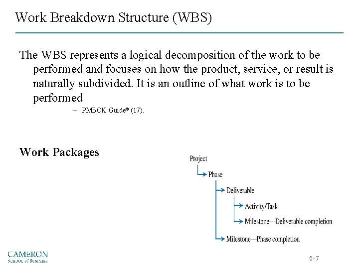 Work Breakdown Structure (WBS) The WBS represents a logical decomposition of the work to