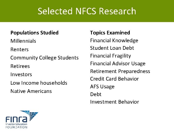 Selected NFCS Research Populations Studied Millennials Renters Community College Students Retirees Investors Low Income