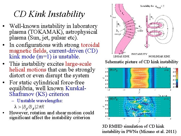 CD Kink Instability • Well-known instability in laboratory plasma (TOKAMAK), astrophysical plasma (Sun, jet,