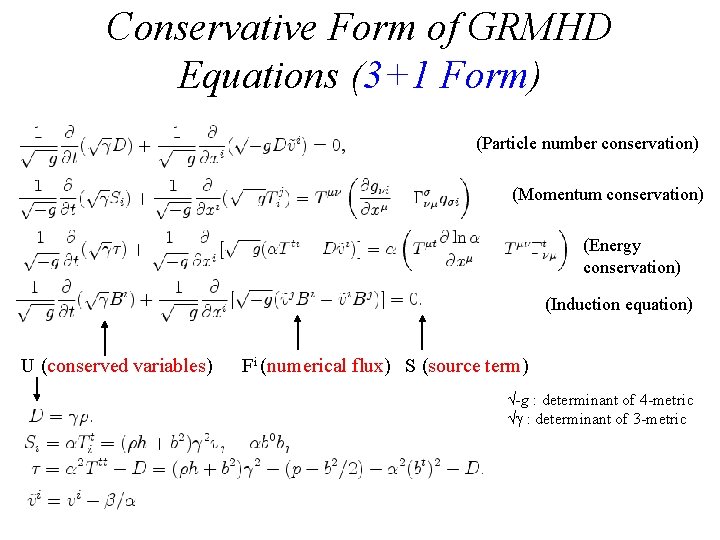 Conservative Form of GRMHD Equations (3+1 Form) (Particle number conservation) (Momentum conservation) (Energy conservation)