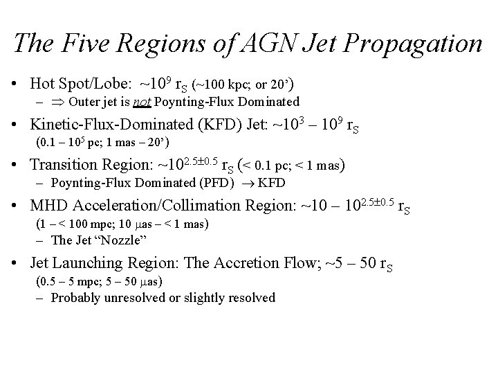 The Five Regions of AGN Jet Propagation • Hot Spot/Lobe: ~109 r. S (~100