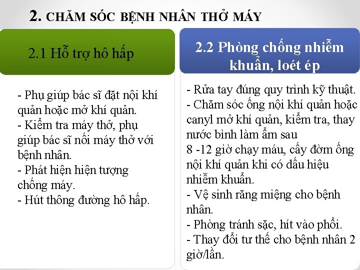 2. CHĂM SÓC BỆNH NH N THỞ MÁY 2. 1 Hỗ trợ hô hấp