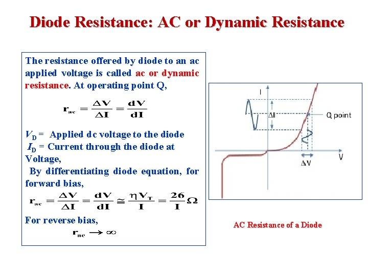 Diode Resistance: AC or Dynamic Resistance The resistance offered by diode to an ac