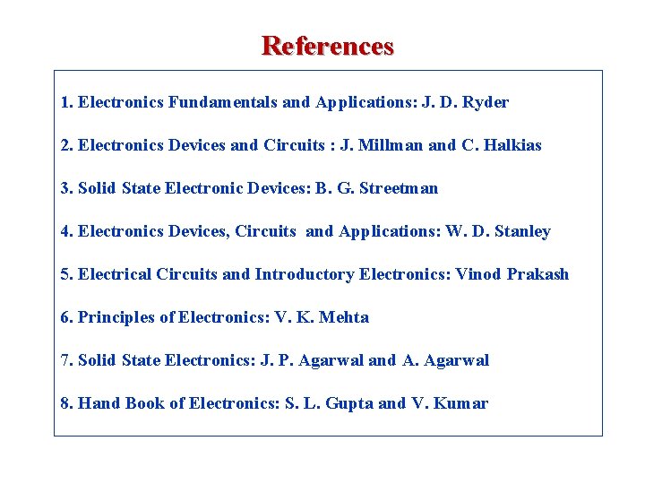 References 1. Electronics Fundamentals and Applications: J. D. Ryder 2. Electronics Devices and Circuits