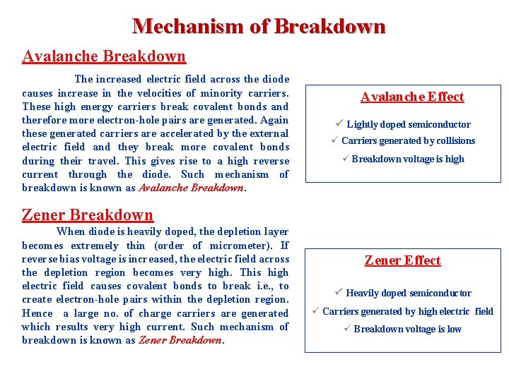 Mechanism of Breakdown Avalanche Breakdown The increased electric field across the diode causes increase