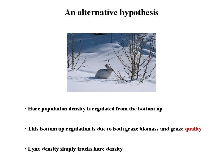 An alternative hypothesis • Hare population density is regulated from the bottom up •