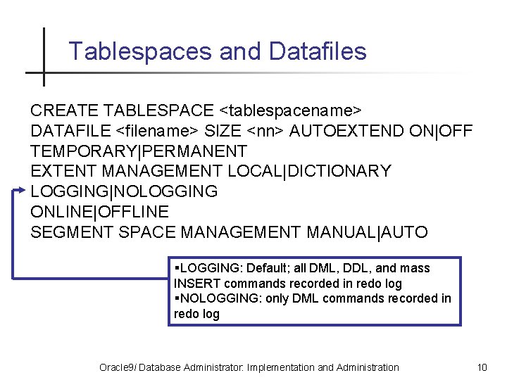 Tablespaces and Datafiles CREATE TABLESPACE <tablespacename> DATAFILE <filename> SIZE <nn> AUTOEXTEND ON|OFF TEMPORARY|PERMANENT EXTENT