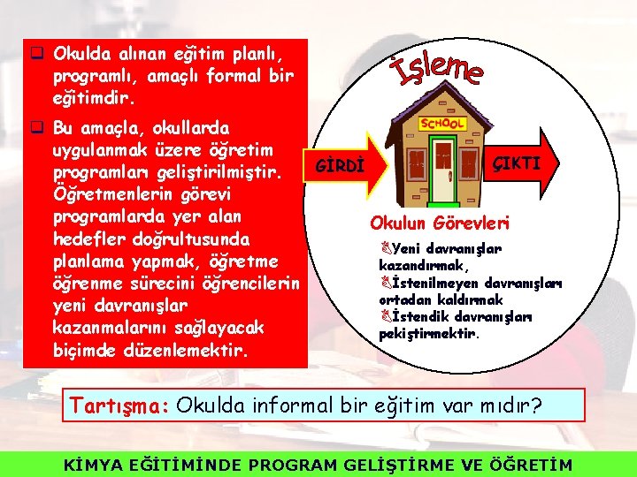 q Okulda alınan eğitim planlı, programlı, amaçlı formal bir eğitimdir. q Bu amaçla, okullarda