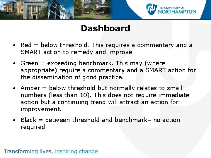Dashboard • Red = below threshold. This requires a commentary and a SMART action