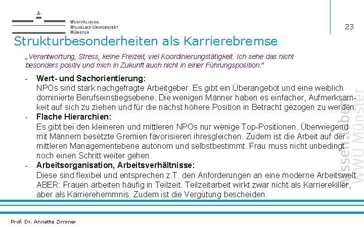 23 Strukturbesonderheiten als Karrierebremse „Verantwortung, Stress, keine Freizeit, viel Koordinierungstätigkeit. Ich sehe das nicht