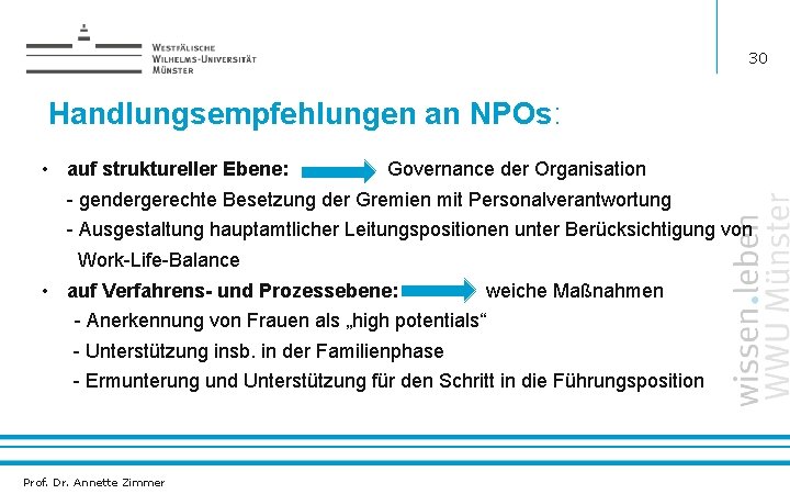 30 Handlungsempfehlungen an NPOs: • auf struktureller Ebene: Governance der Organisation - gendergerechte Besetzung