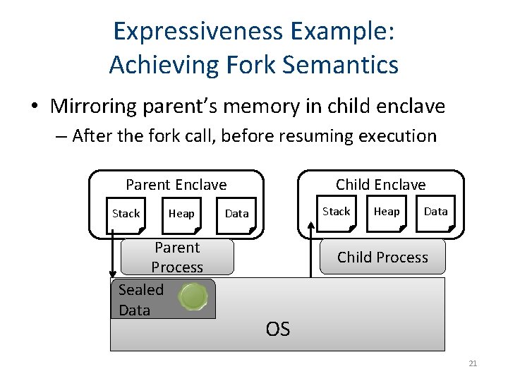 Expressiveness Example: Achieving Fork Semantics • Mirroring parent’s memory in child enclave – After