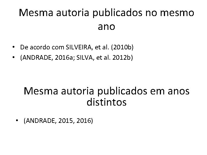 Mesma autoria publicados no mesmo ano • De acordo com SILVEIRA, et al. (2010