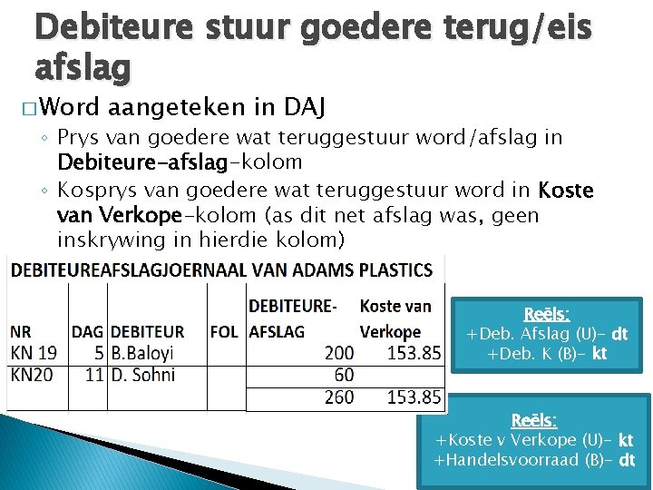 Debiteure stuur goedere terug/eis afslag � Word aangeteken in DAJ ◦ Prys van goedere