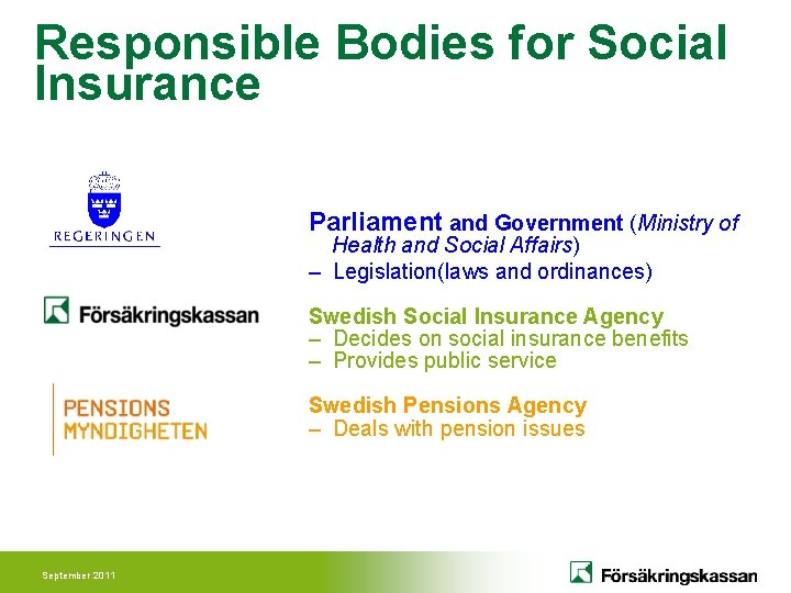 Responsible Bodies for Social Insurance Parliament and Government (Ministry of Health and Social Affairs)