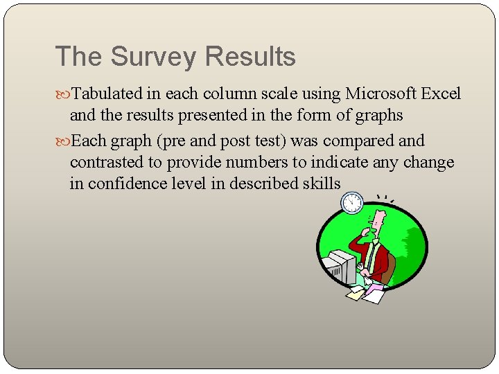 The Survey Results Tabulated in each column scale using Microsoft Excel and the results